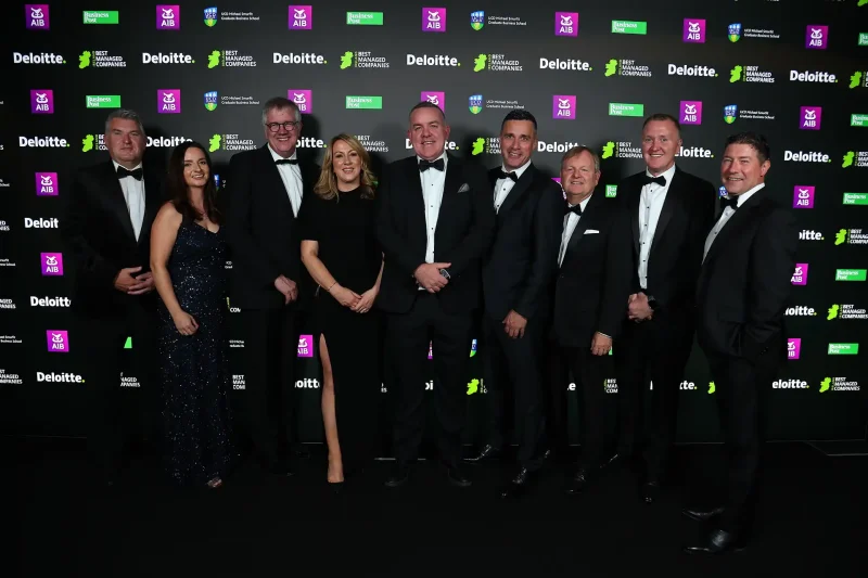 Pictured at the Deloitte Best Managed Companies Awards Ceremony (left to right) are Alistair Tosh, HR Director, Claire Brennan, Marketing Manager, Sean Meagher, Contracts Director, Eileen Faherty, Commercial Lead, Henry McCann, CEO, David Waldron, Procurement Director, Fergus Barry, HR Director, Roger Geraghty, Associate Director - Legal, Sean Rapple, Pre-Construction Director. 