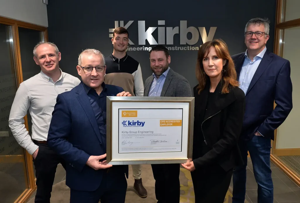 Aaron Reilly - Senior Mechanical Engineer, Kirby; Mark Flanagan – Group Managing Director, Kirby; Kyle Hayes - HR / Training Officer, Kirby; Eoghan Hegerty - Electrical Engineering Manager, Kirby; Caroline Spillane - Director General, Engineers Ireland; Sean Meagher - Associate Director - Commercial, Kirby.