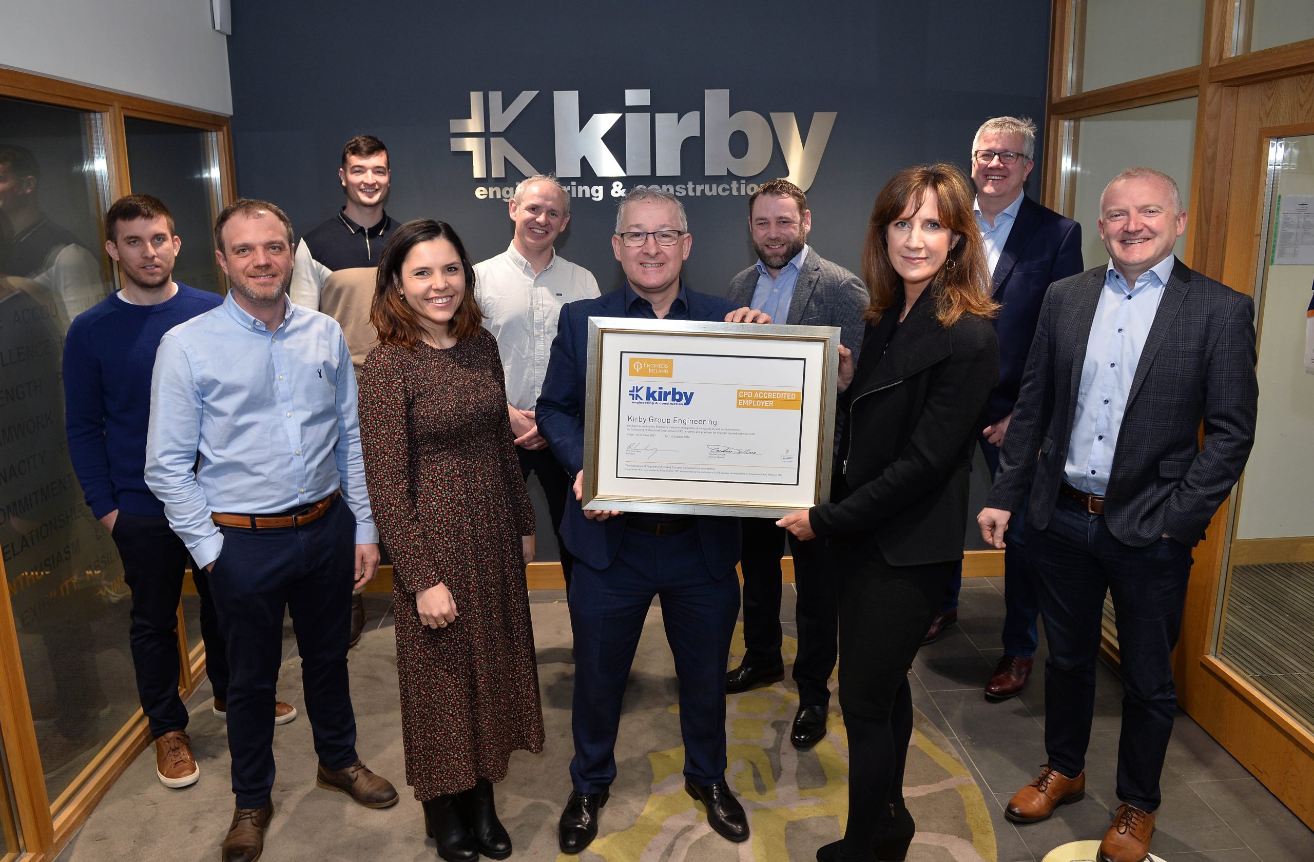 Kirby Group Engineering has been awarded the much sought after CPD Accredited Employer Standard by Engineers Ireland in recognition of their continuing professional development (CPD) strategy. Pictured during the announcement at Kirby’s Galway office are: l - r David Duggan - Electrical Project Engineer, Kirby; Paul Dickinson - Mechanical Engineer, Kirby; Kyle Hayes - HR / Training Officer, Kirby; Melandri Van Zyl, HR Officer, Kirby; Aaron Reilly - Senior Mechanical Engineer, Kirby; Mark Flanagan – Group Managing Director, Kirby; Eoghan Hegerty - Electrical Engineering Manager, Kirby; Caroline Spillane - Director General, Engineers Ireland; Sean Meagher - Associate Director – Commercial, Kirby; John Grogan - Group Engineering Director, Kirby