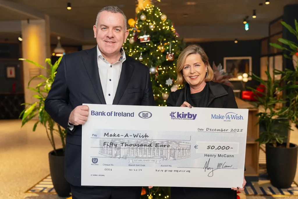 Henry McCann, Kirby CEO, presenting Kirby's Christmas Donation to Susan O’Dwyer, CEO of Make-A-Wish Ireland