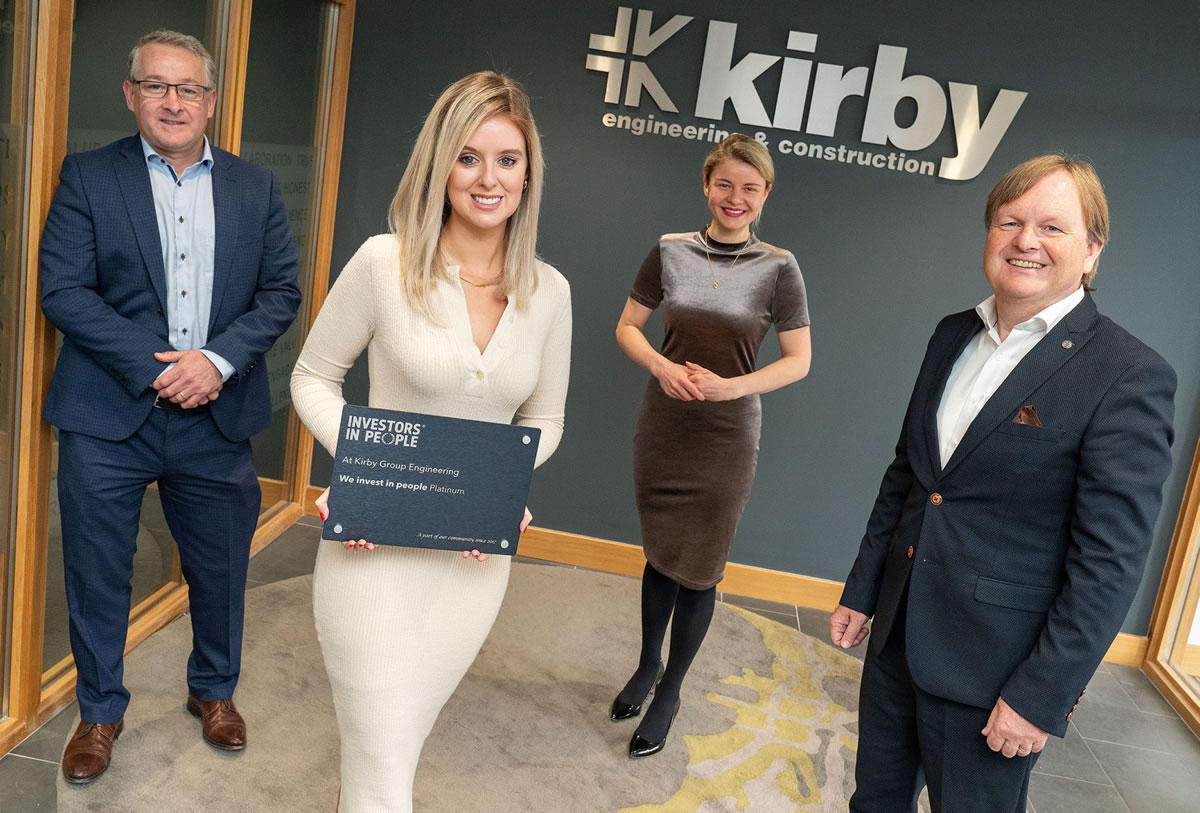 ( L - R ) Mark Flanagan, Group Managing Director, Michelle Powell, HR Business Partner, Giedre Visockaite, Associate Director – Strategy and Marketing and Fergus Barry, Group Head of Human Resources. Kirby Group Engineering has made the final shortlist for ‘Employer of the Year’ in The Investors in People Awards 2021.