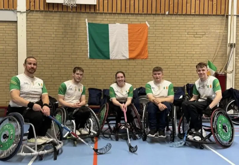 Darren represented Ireland in the European Wheelchair Floorball Tournament, held in The Netherlands. Pictured (left to right) are James McCarthy, Cian Horgan, Ellie Sheehy, Maurice Noonan and Darren.