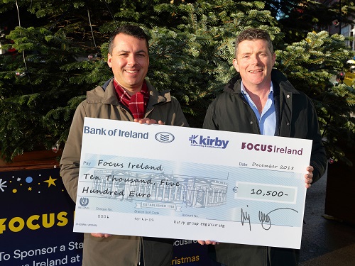 Jimmy Kirby, Kirby Group Managing Director, presents €10,500 donation to JP Le Bon, Focus Ireland