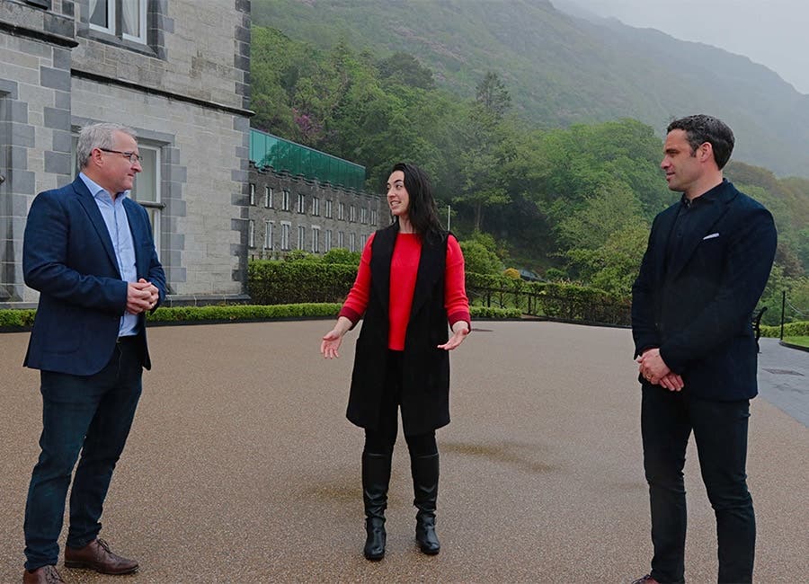 Group MD of Kirby Group Engineering Mark Flanagan, Zoe Langsdale, Programme Manager with Alan Kerins, founder of Heroes Retreat and CEO of Iconic Caminoat the Kylemore Abbey Global Centre in Galway as they launched the new programme.