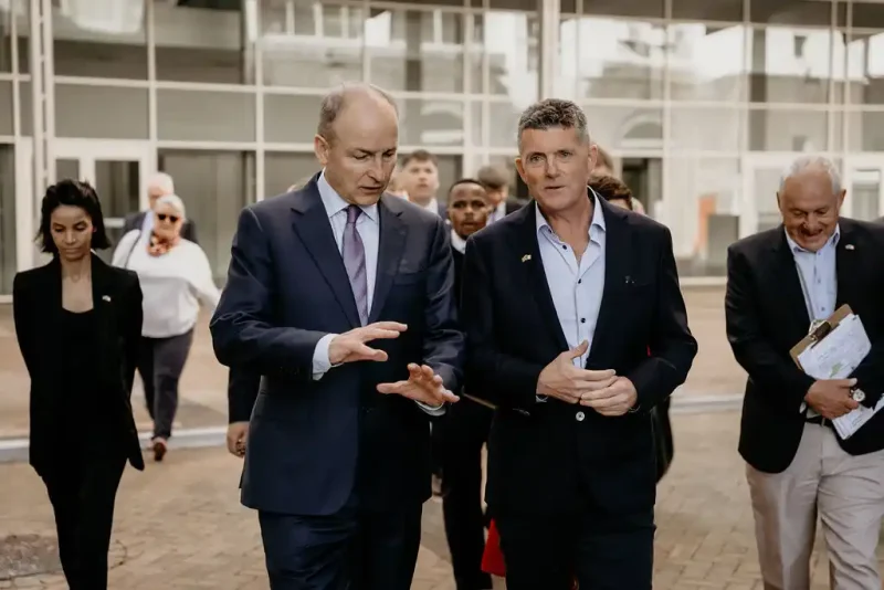 Tánaiste and Minister for Foreign Affairs Micheál Martin TD with Executive Chairman at Kirby Group Engineering Jimmy Kirby, at the Limerick firm’s new office at the Newlands Cricket Ground in Cape Town. 
