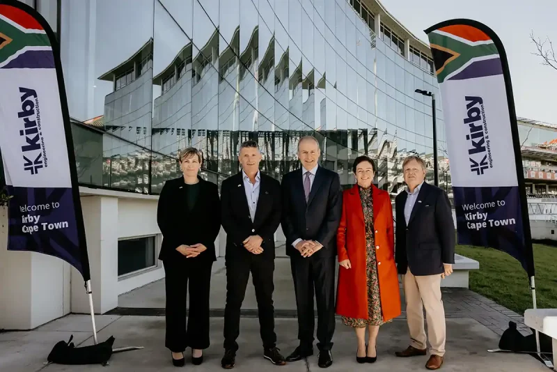 Director of Sub-Saharan Africa at Enterprise Ireland Nicola Kelly, Executive Chairman at Kirby Group Engineering Jimmy Kirby, Tánaiste and Minister for Foreign Affairs Micheál Martin TD, Her Excellency Fionnuala Gilsenan, Ireland’s Ambassador to the Republic of South Africa, and HR Director at Kirby Fergus Barry, outside Kirby’s new office at Newlands Cricket Ground, Cape Town. Mr Martin officially opened the company’s first base outside Europe on Monday. Kirby expects to have 30 people working at the office by the end of this year and is aiming to grow that number further in 2024.