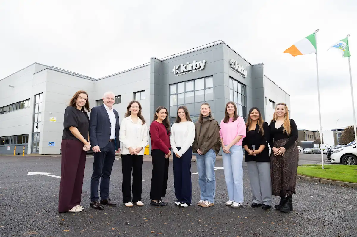 Pictured outside Kirby’s headquarters in Limerick are (l-r) Group Electrical Engineering Manager Amy Lane, Chief Operations Officer John Grogan, Bursary recipients Emilia Hildebrand, Sarah Coyle, Caoimhe Flynn, Meadhbh Hurley and Aisling Costelloe, Graduate Electrical Engineer Rosa Condori and HR Graduate Hannah Keogh. Photo: Alan Place