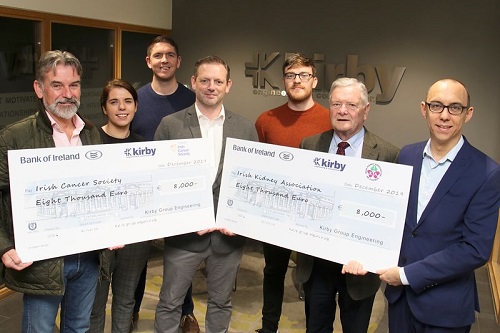 Kirby Engineering &amp; Construction have ended the year by presenting two Galway groups with the proceeds of their recent fundraising event. Mikey Ryan (centre) manager of Kirby's Galway office and colleagues Josie Farrell, Peter Kearns and Jim Garry  presented Kevin Whelehan (left) of The Irish Cancer Society and Peadar Hickey and Eoin Madden of The Irish Kidney Association each with cheques for €8000. Photo:-Mike Shaughnessy