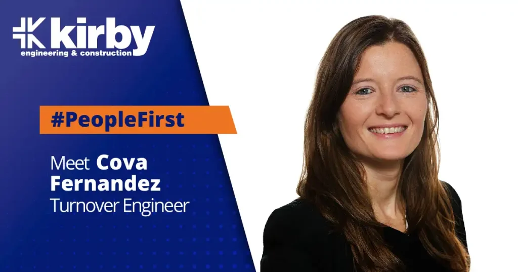 Portrait of Cova Fernandez, Turnover Engineer at Kirby Group Engineering, alongside branding for the #PeopleFirst series.