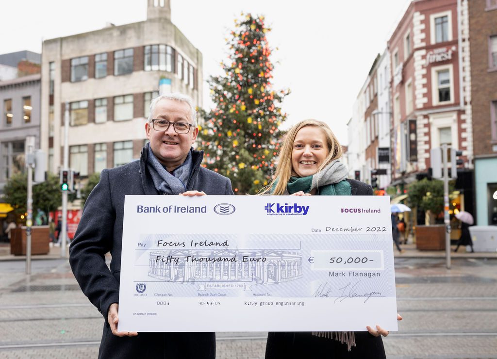 Kirby Group Managing Director, Mark Flanagan, presents Amy Carr, Director of Fundraising and Marketing of Focus Ireland, with a Christmas donation cheque for €50,000