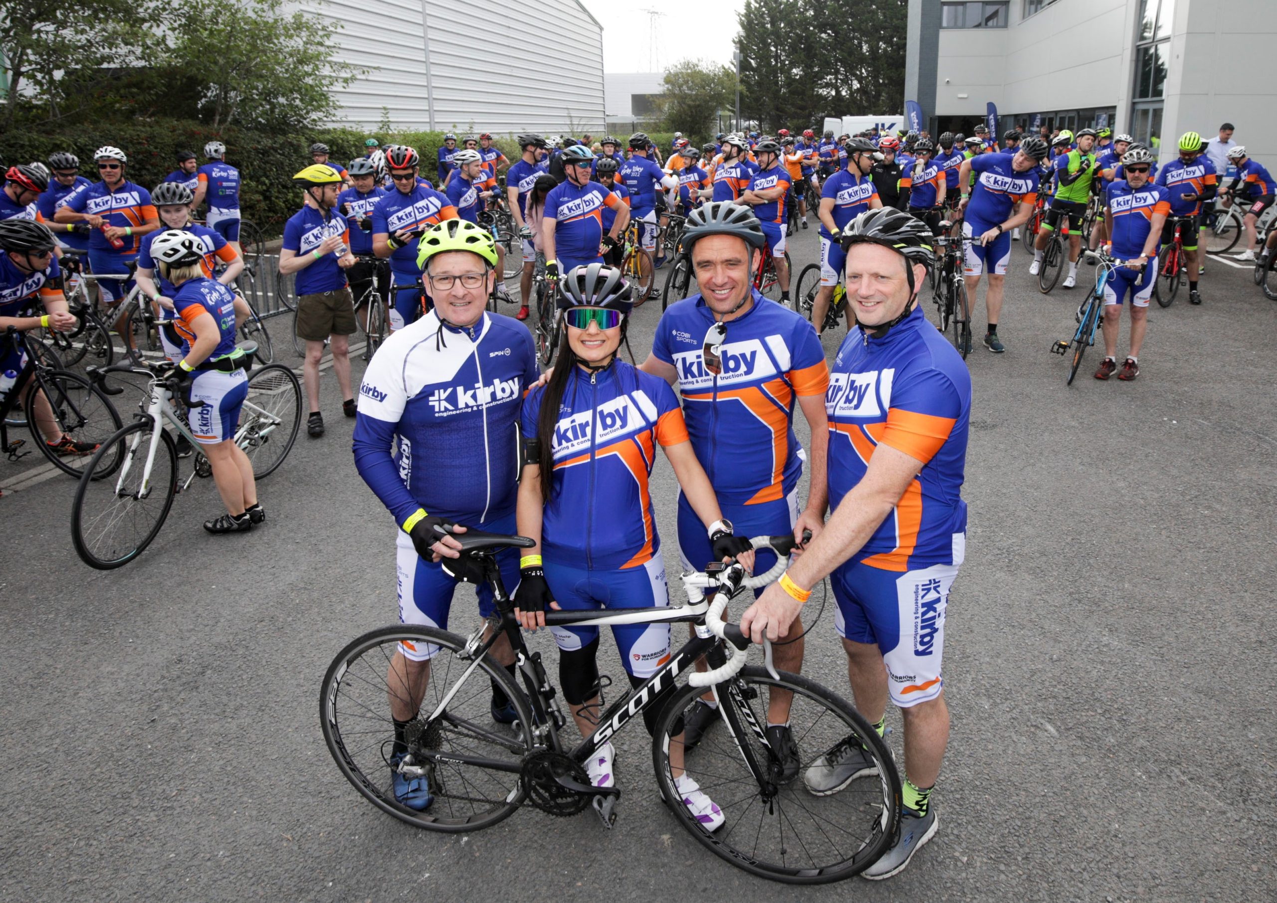 “(l-r) Group MD of Kirby Group Engineering Mark Flanagan, Kirby EHS Advisor Deise Odaguire, former Galway Hurler and founder of Warriors for Humanity Alan Kerins and Operations Director at Kirby Mikey Ryan at the start of the Kirby Way Cycle 2022 in Limerick.” Photo: Alan Place