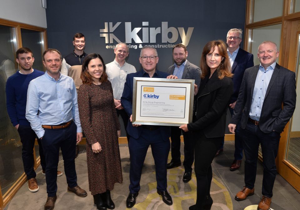 Kirby Group Engineering has been awarded the much sought after CPD Accredited Employer Standard by Engineers Ireland in recognition of their continuing professional development (CPD) strategy. Pictured during the announcement at Kirby’s Galway office are: l - r David Duggan - Electrical Project Engineer, Kirby; Paul Dickinson - Mechanical Engineer, Kirby; Kyle Hayes - HR / Training Officer, Kirby; Melandri Van Zyl, HR Officer, Kirby; Aaron Reilly - Senior Mechanical Engineer, Kirby; Mark Flanagan – Group Managing Director, Kirby; Eoghan Hegerty - Electrical Engineering Manager, Kirby; Caroline Spillane - Director General, Engineers Ireland; Sean Meagher - Associate Director – Commercial, Kirby; John Grogan - Group Engineering Director, Kirby