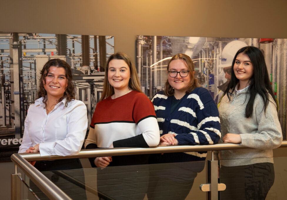 (l to r) Anna Carr, a student of Mechanical Engineering at University of Galway, Alannah O’Connell who is studying Renewable and Electrical Engineering at TU Shannon; Ciara McMillan, a student of Electrical Engineering at SETU; and Leah McElvaney who is studying Mechanical Engineering student at ATU Sligo, pictured at Kirby’s Headquarters in Limerick for the launch of its second bursary scheme. 
Photo: Alan Place