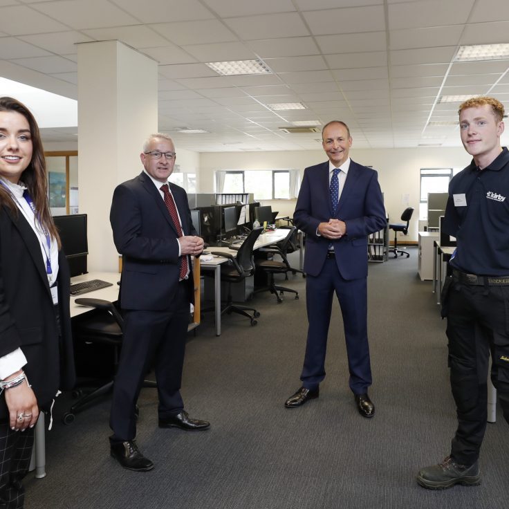 Attending the announcement in Limerick were Taoiseach Micheál Martin, Kirby Group Managing Director,  Mark Flanagan, Eve Cassidy, Civil Engineer and Paul Lynam,  Apprentice.