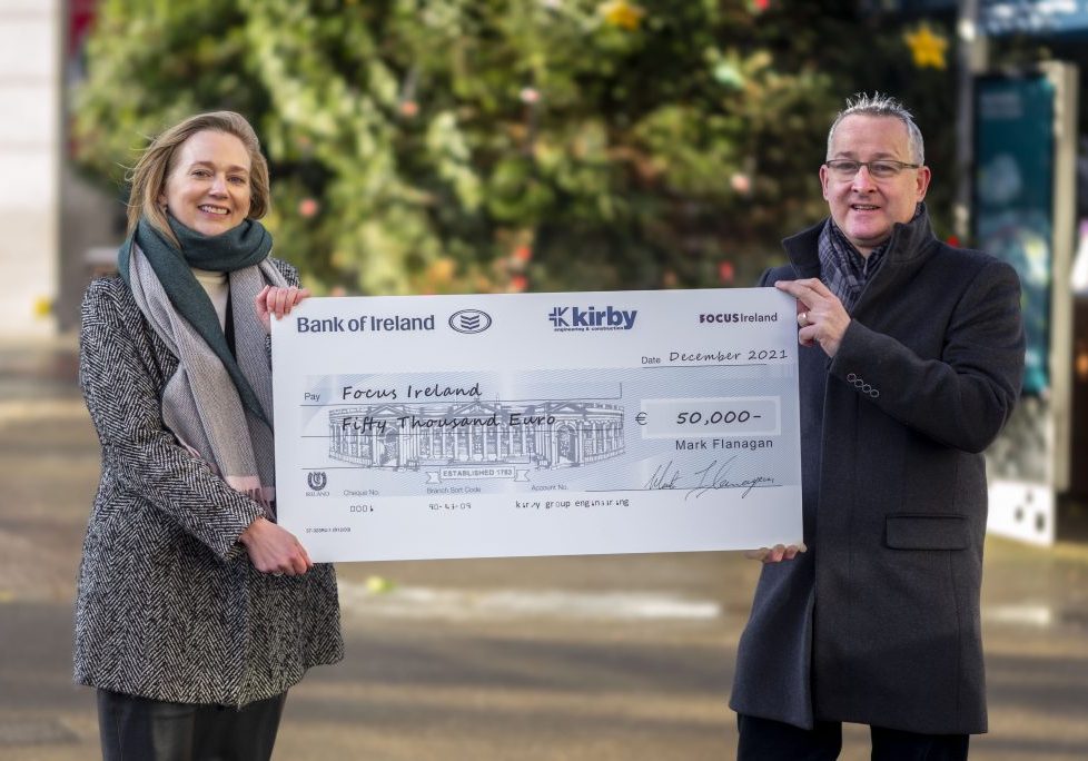 Kirby Group Managing Director, Mark Flanagan, presents Amy Carr, Director of Fundraising and Marketing of Focus Ireland, with a Christmas donation cheque for €50,000